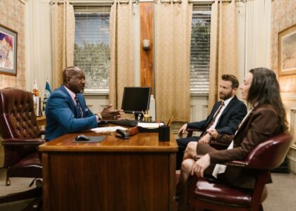 Attorney meeting with a client in a law office